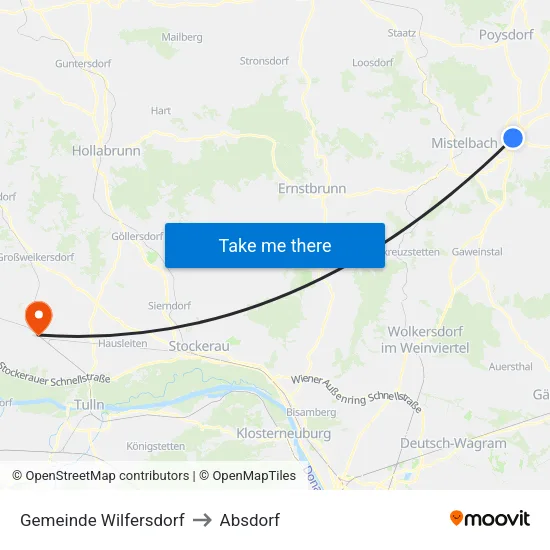 Gemeinde Wilfersdorf to Absdorf map