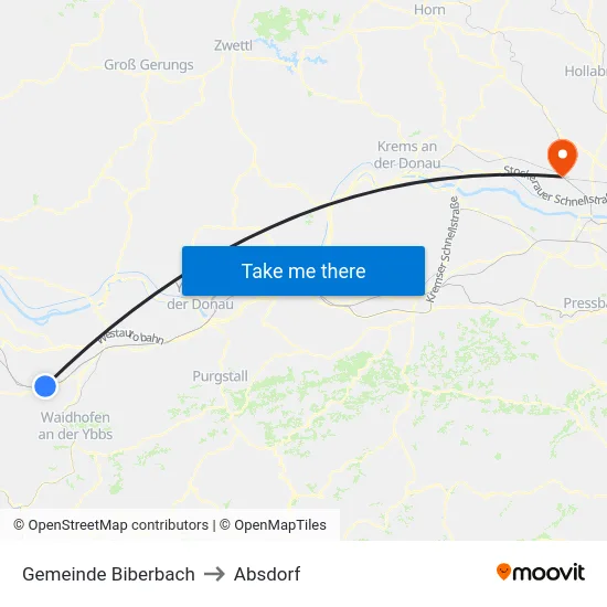 Gemeinde Biberbach to Absdorf map