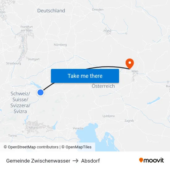Gemeinde Zwischenwasser to Absdorf map