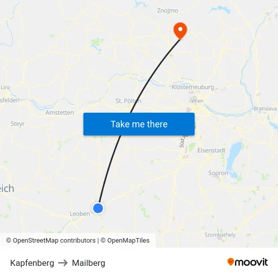 Kapfenberg to Mailberg map