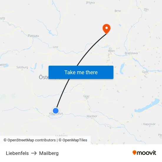 Liebenfels to Mailberg map