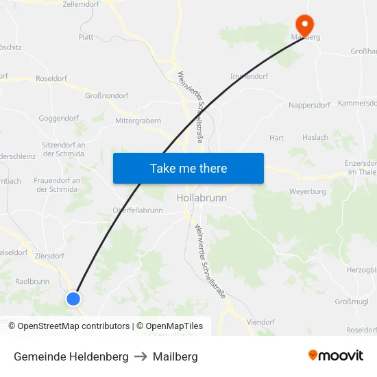 Gemeinde Heldenberg to Mailberg map