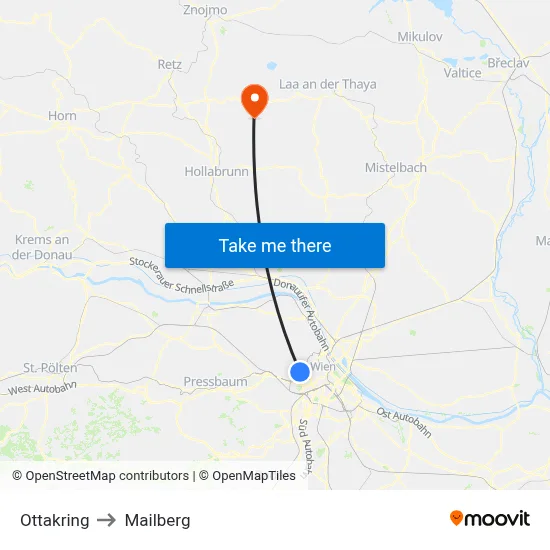 Ottakring to Mailberg map