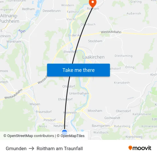 Gmunden to Roitham am Traunfall map