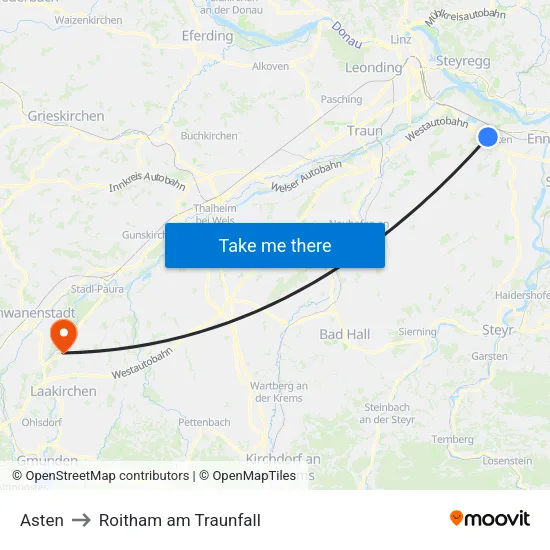 Asten to Roitham am Traunfall map