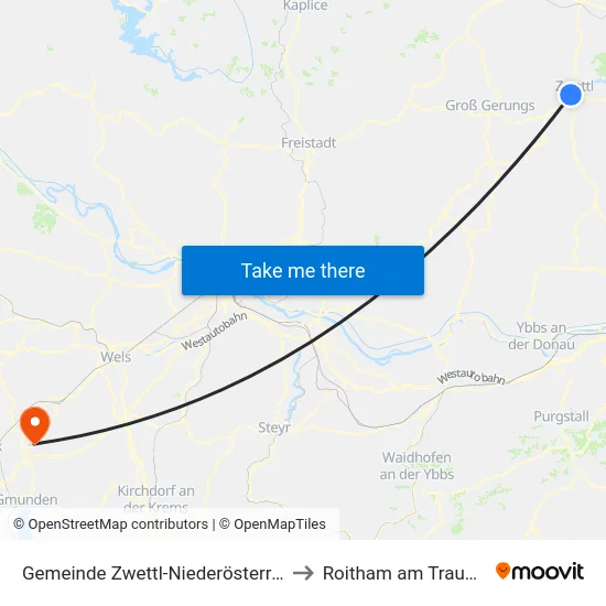 Gemeinde Zwettl-Niederösterreich to Roitham am Traunfall map