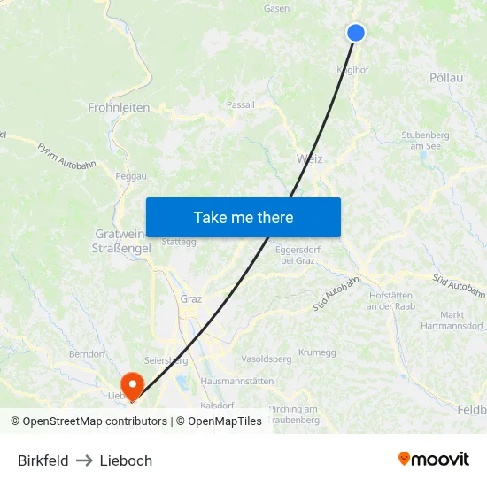 Birkfeld to Lieboch map