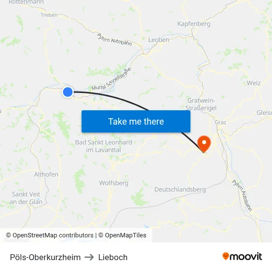 Pöls-Oberkurzheim to Lieboch map