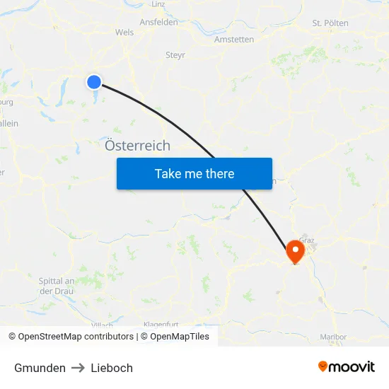 Gmunden to Lieboch map