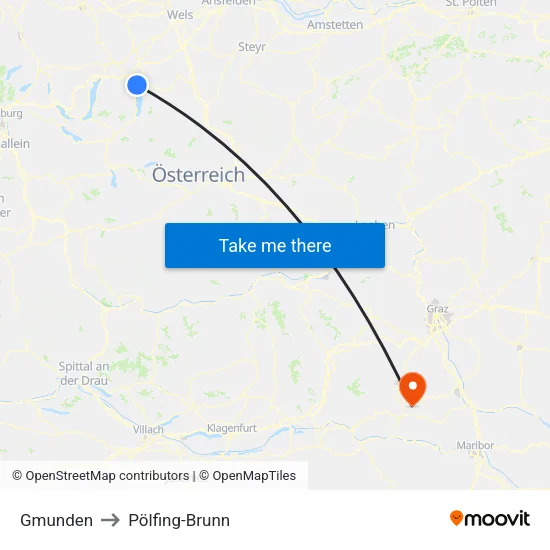 Gmunden to Pölfing-Brunn map