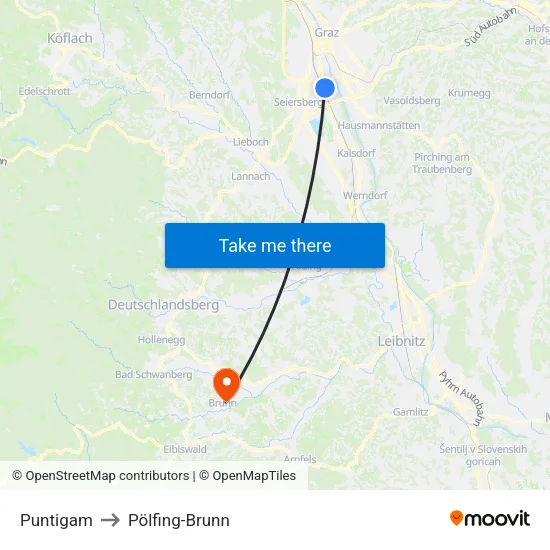 Puntigam to Pölfing-Brunn map