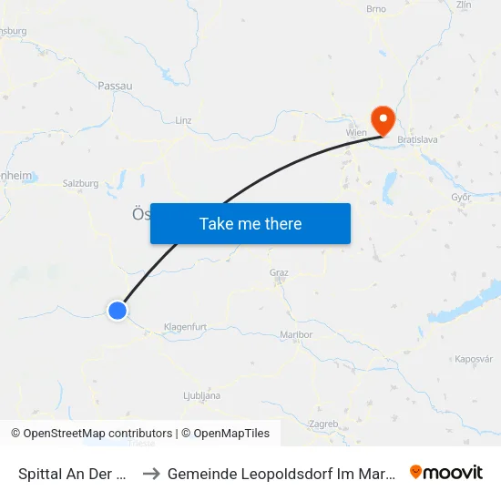 Spittal An Der Drau to Gemeinde Leopoldsdorf Im Marchfeld map