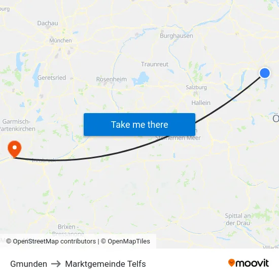 Gmunden to Marktgemeinde Telfs map