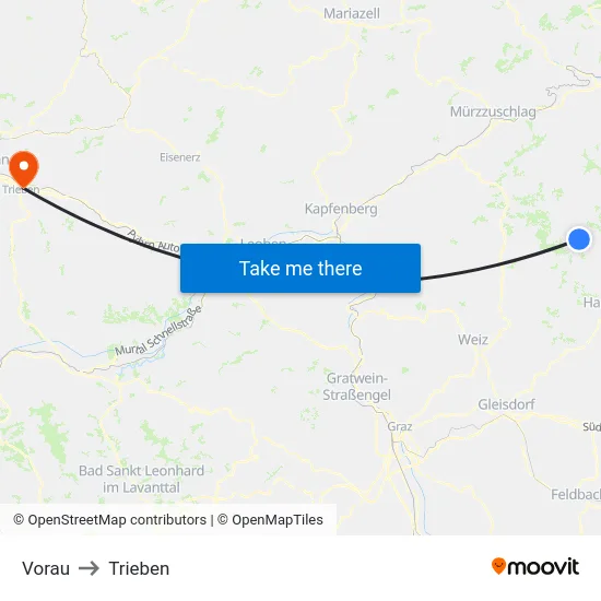 Vorau to Trieben map