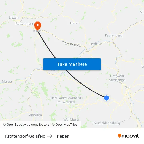 Krottendorf-Gaisfeld to Trieben map