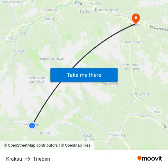 Krakau to Trieben map