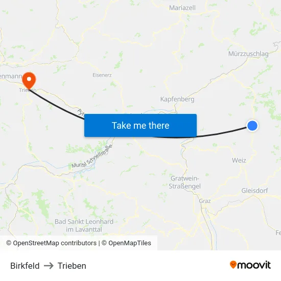 Birkfeld to Trieben map