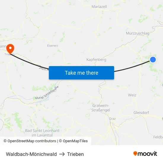 Waldbach-Mönichwald to Trieben map