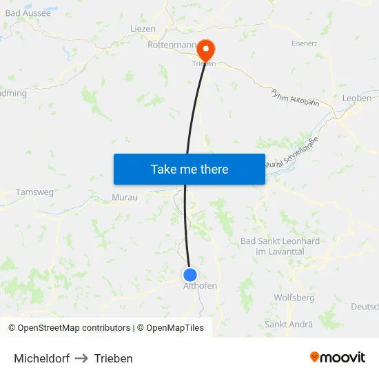 Micheldorf to Trieben map