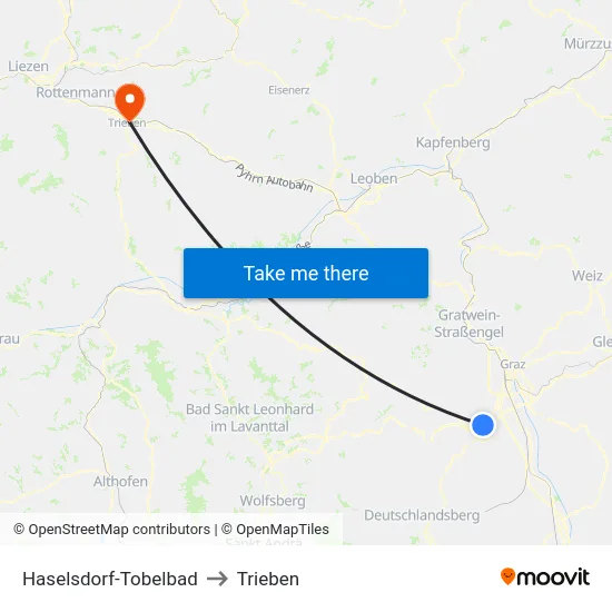 Haselsdorf-Tobelbad to Trieben map