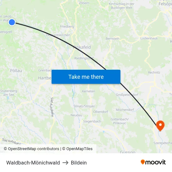 Waldbach-Mönichwald to Bildein map