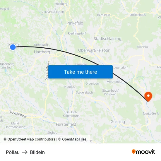 Pöllau to Bildein map