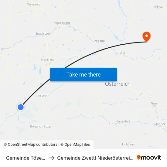 Gemeinde Tösens to Gemeinde Zwettl-Niederösterreich map