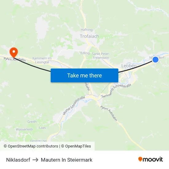 Niklasdorf to Mautern In Steiermark map
