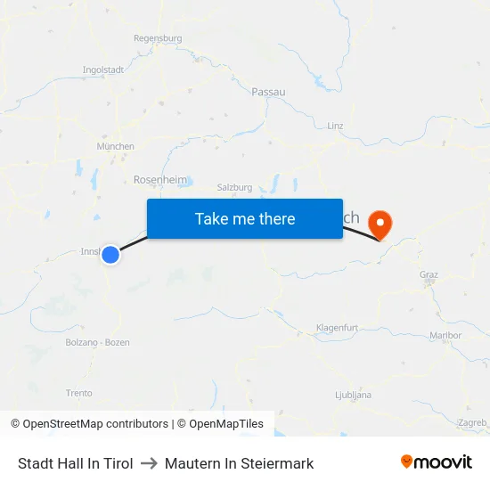 Stadt Hall In Tirol to Mautern In Steiermark map
