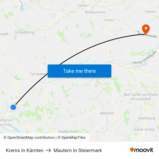 Krems In Kärnten to Mautern In Steiermark map