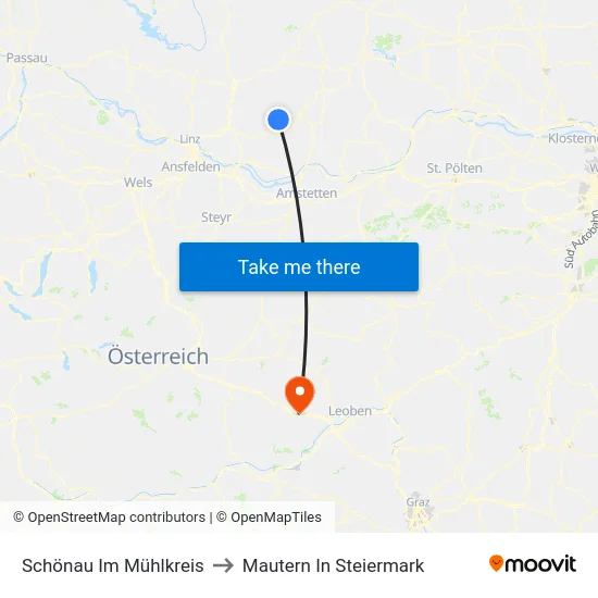 Schönau Im Mühlkreis to Mautern In Steiermark map