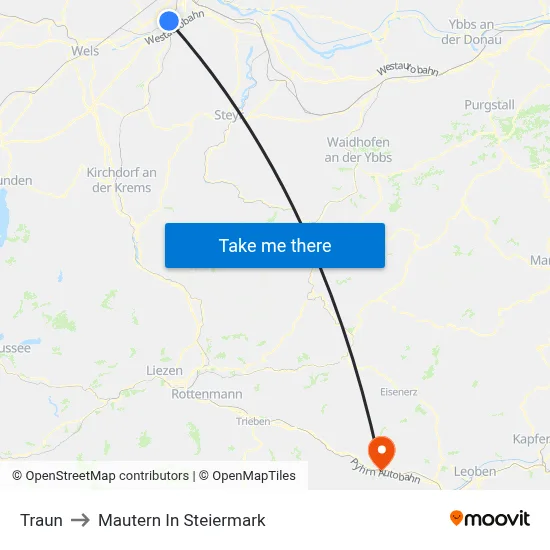 Traun to Mautern In Steiermark map