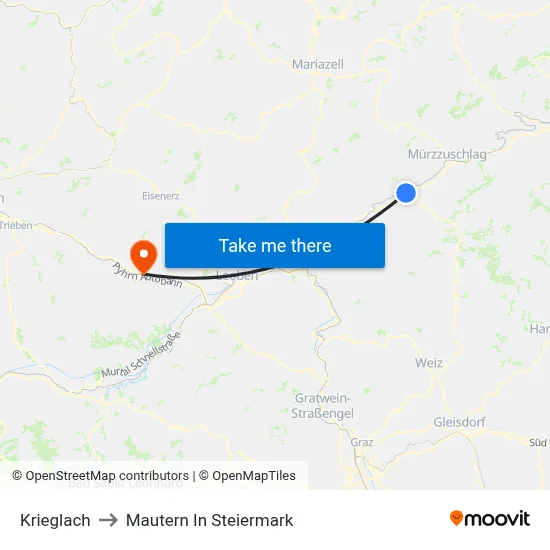Krieglach to Mautern In Steiermark map