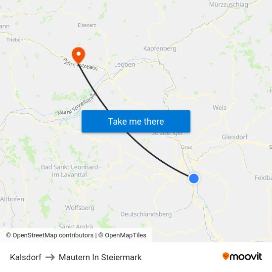 Kalsdorf to Mautern In Steiermark map