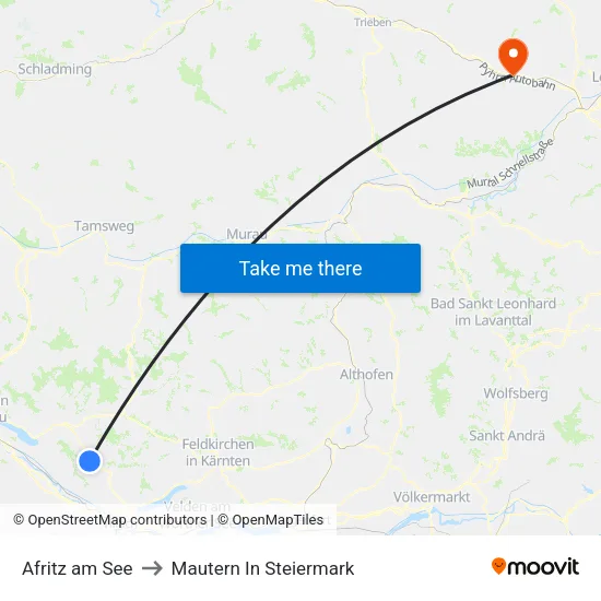 Afritz am See to Mautern In Steiermark map