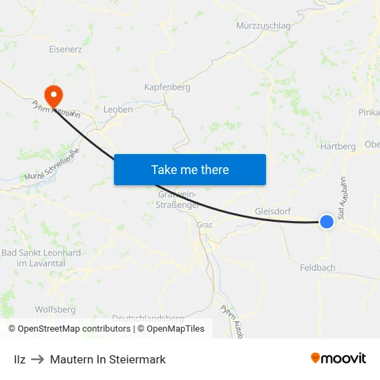Ilz to Mautern In Steiermark map