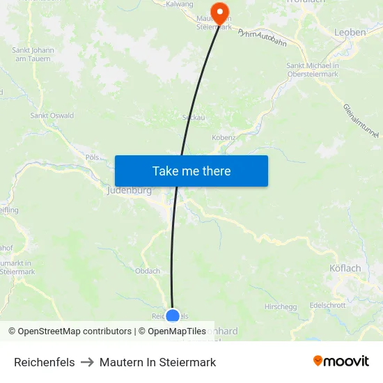 Reichenfels to Mautern In Steiermark map