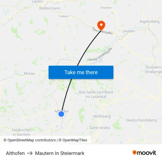 Althofen to Mautern In Steiermark map