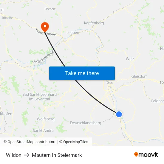 Wildon to Mautern In Steiermark map