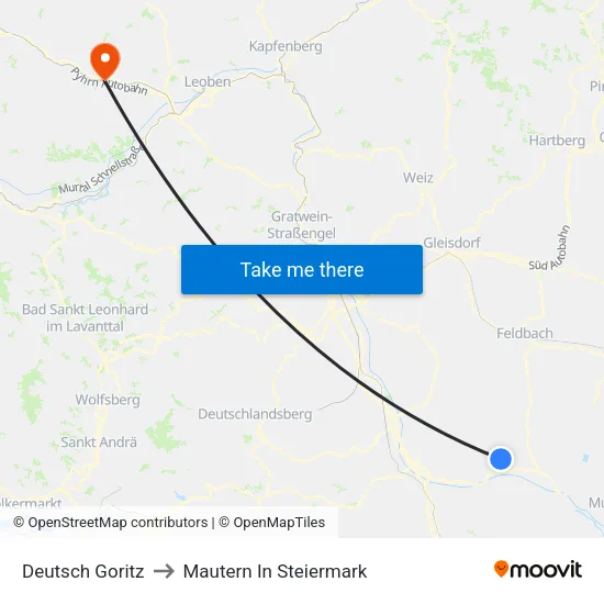 Deutsch Goritz to Mautern In Steiermark map