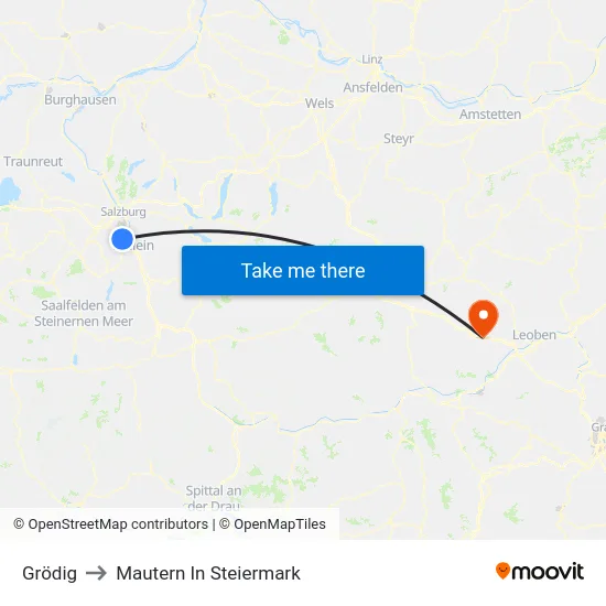 Grödig to Mautern In Steiermark map