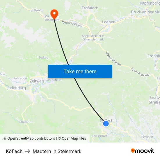 Köflach to Mautern In Steiermark map