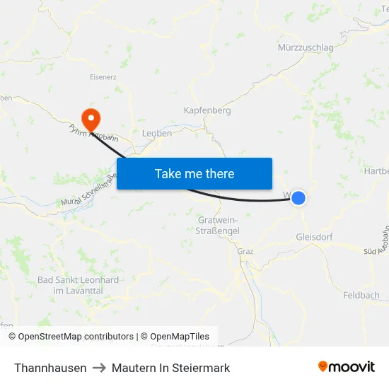 Thannhausen to Mautern In Steiermark map