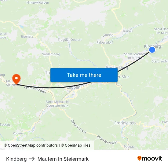 Kindberg to Mautern In Steiermark map