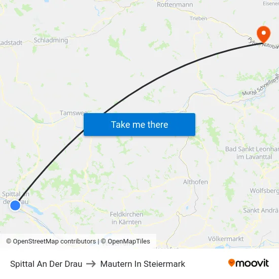 Spittal An Der Drau to Mautern In Steiermark map