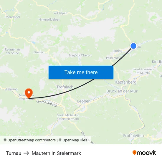 Turnau to Mautern In Steiermark map