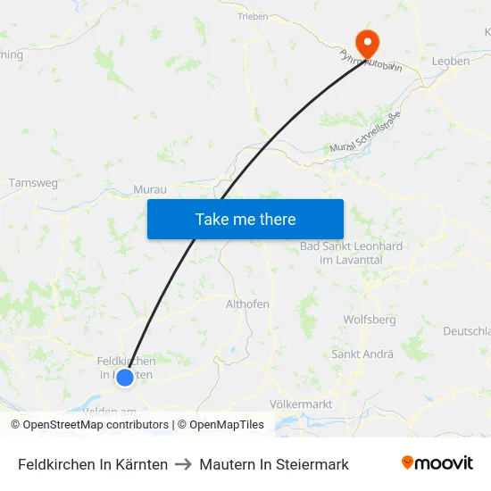 Feldkirchen In Kärnten to Mautern In Steiermark map