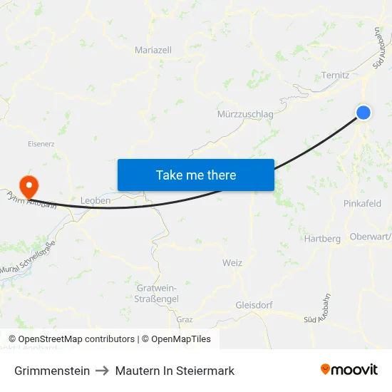 Grimmenstein to Mautern In Steiermark map