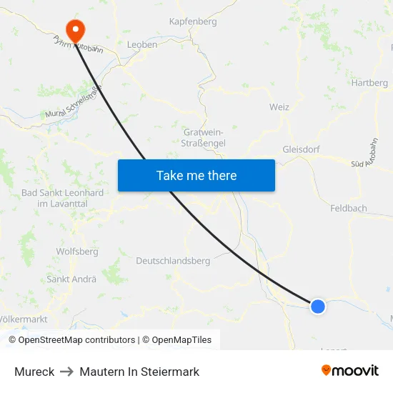 Mureck to Mautern In Steiermark map