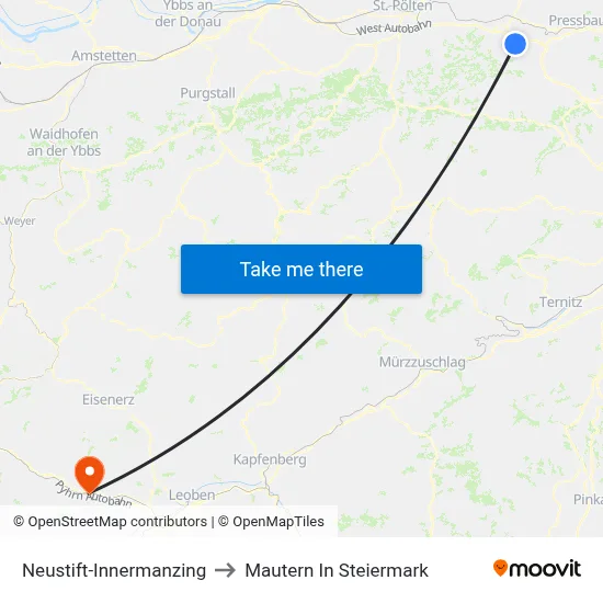 Neustift-Innermanzing to Mautern In Steiermark map